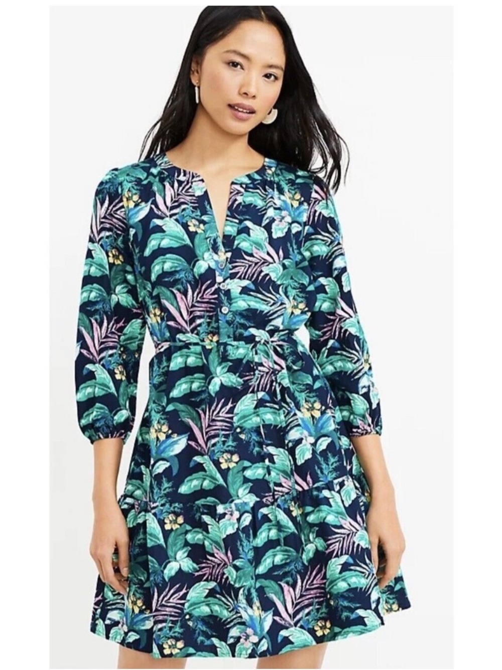 LOFT Tropical Palm Henley Flounce Shirt Dress
XS